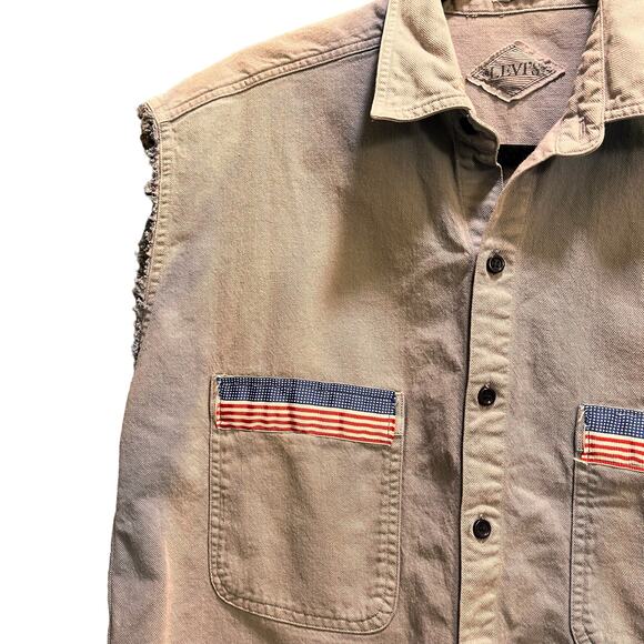 Vintage 80's Levi Union Steel Workers Button Down Sleeveless Shirt Large - Picture 3 of 10